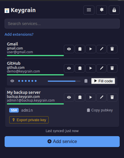 The Keygrain browser extension: saved services with one-click password fill